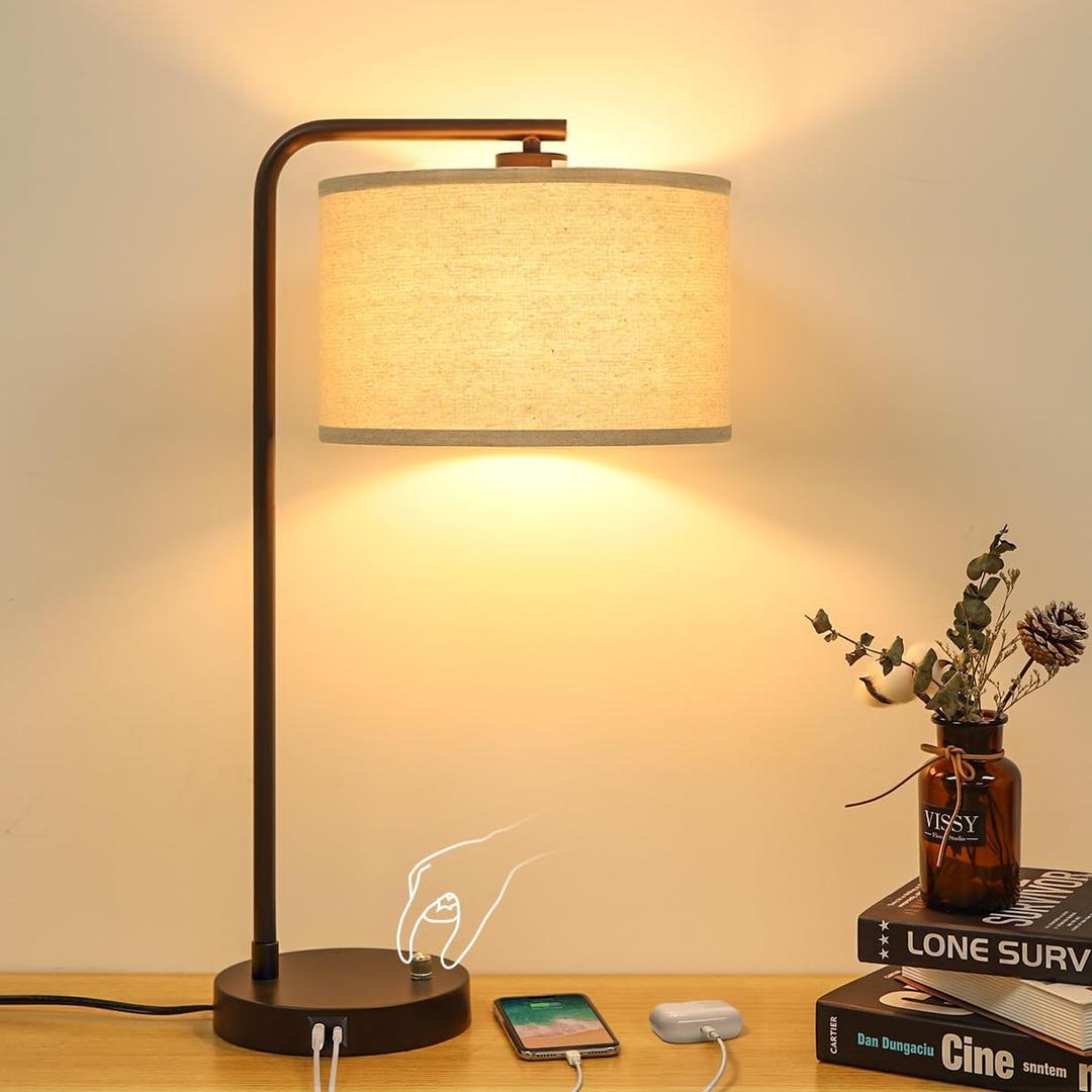 Table Lamp with USB C+A Ports, Fully Stepless Dimmable Modern Bedside Nightstand Lamp, Tall Reading Desk Lamp for Bedroom, Living Room, Study Room, Office, 9W 3000K LED Bulb Included (Brown)