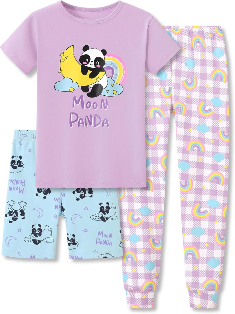 Topgal Moon Panda Pajamas Kids Cotton Rainbow Short Sleeves Shorts & Checkered Pant 3 PCS Soft Jammie Size 12