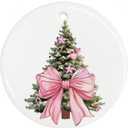 Pink Bow Christmas Tree Ceramic Ornament, Cute Holiday Decor, Feminine Christmas Ornament for Girls, Pink Themed Tree Decoration Gift