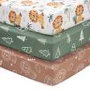Baby Mini Crib Sheets Boy, Portable 38x26 Pack and Play Sheets Fitted for Playard and Pack N Play Mattress, 3-Pack Soft Microfiber Brown Lion (38x26x6 Inch (Pack of 3), Brown Green Lion)