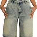 Women's Vintage Y2K Straight Leg Denim Shorts Washed Bremuda Jeans Shorts with Pockets (Medium Wash, 27 )