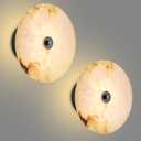 Round Alabaster Wall Sconce Natural Marble Sconces Set of Two, 3 CCT Adjustable Wall Lamp Decor Home, 8W Hardwired Circular Wall Lights for Bedroom, Stairs, Living Room, Bedside, Hallway (Black) (2-Pack)