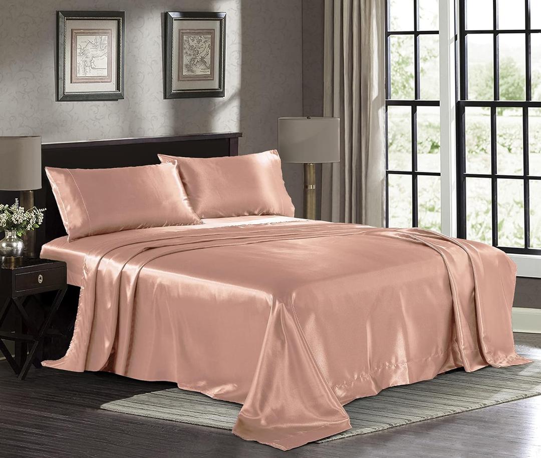 Pure Bedding Satin Sheets Full [4-Piece, Rose Gold] Hotel Luxury Silky Bed Sheets - Extra Soft 1800 Microfiber Sheet Set, Wrinkle, Fade, Deep Pocket Fitted Sheet, Flat Sheet, Pillow Cases