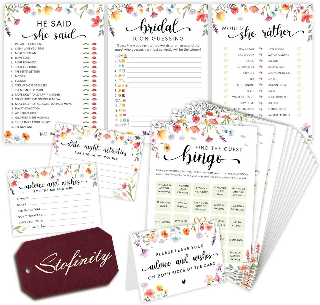Wildflower Bridal Shower Games For Guests - Wedding Advice And Wishes For The Mr And Mrs, Find The Guest Bingo Bridal Shower Decorations, Funny He Said She Said Would You Rather Game Ideas
