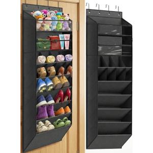Over The Door Shoe Storage Organizer, 8 Tiers Hanging Shoe Rack Behind Door Shoe Holder with 6 Large Deep Pockets 8 Small Pockets, Narrow Shoe Rack for Closet Bedroom Bathroom Nursery RV Dorm, Black