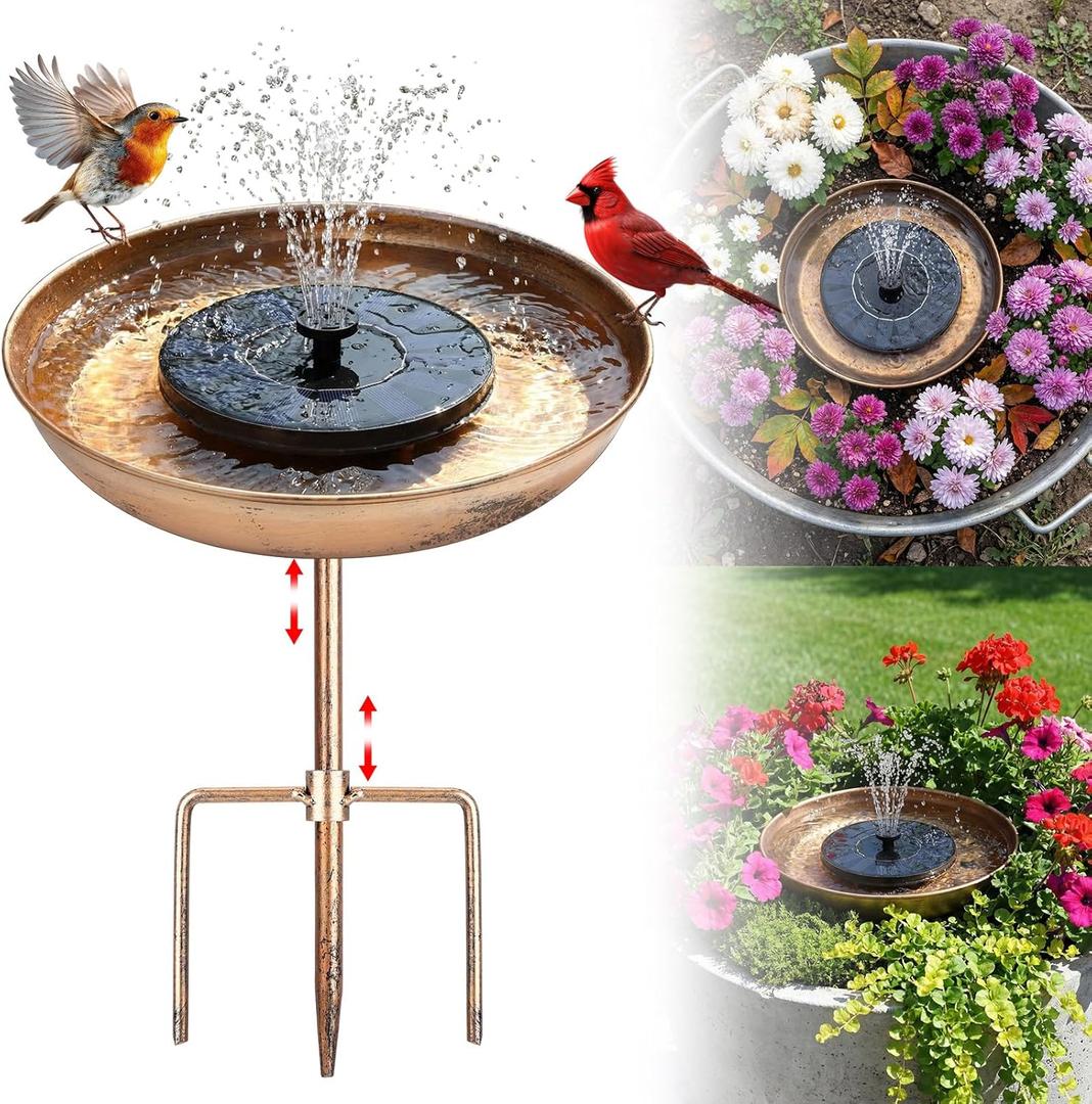 Metal Bird Bath for Outside Planter with Solar Fountain, Vintage Freestanding Birdbaths & Birdfeeder Adjustable Height with 2 Stakes, Antique Bronze Garden Patio Balcony Backyard Decor