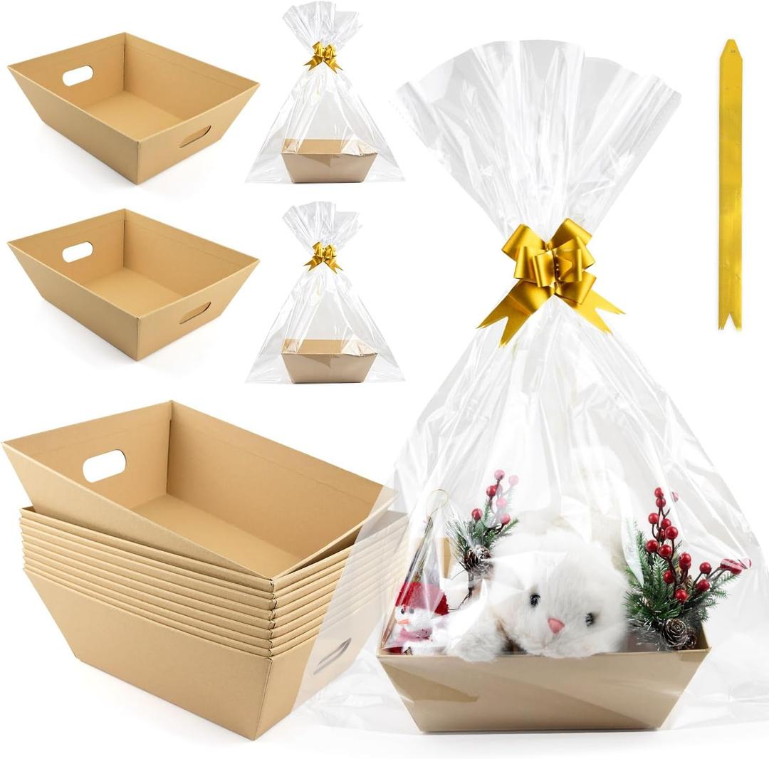 10PACK Empty Gift Basket Set, 11.8x9.8 Thick Kraft Market Tray Gift Basket with 10 Bows 10 Bags Empty Gift Baskets for Christmas Thanksgiving Valentine Easter Wedding Birthday Party Gift Wrapping (Kraft)