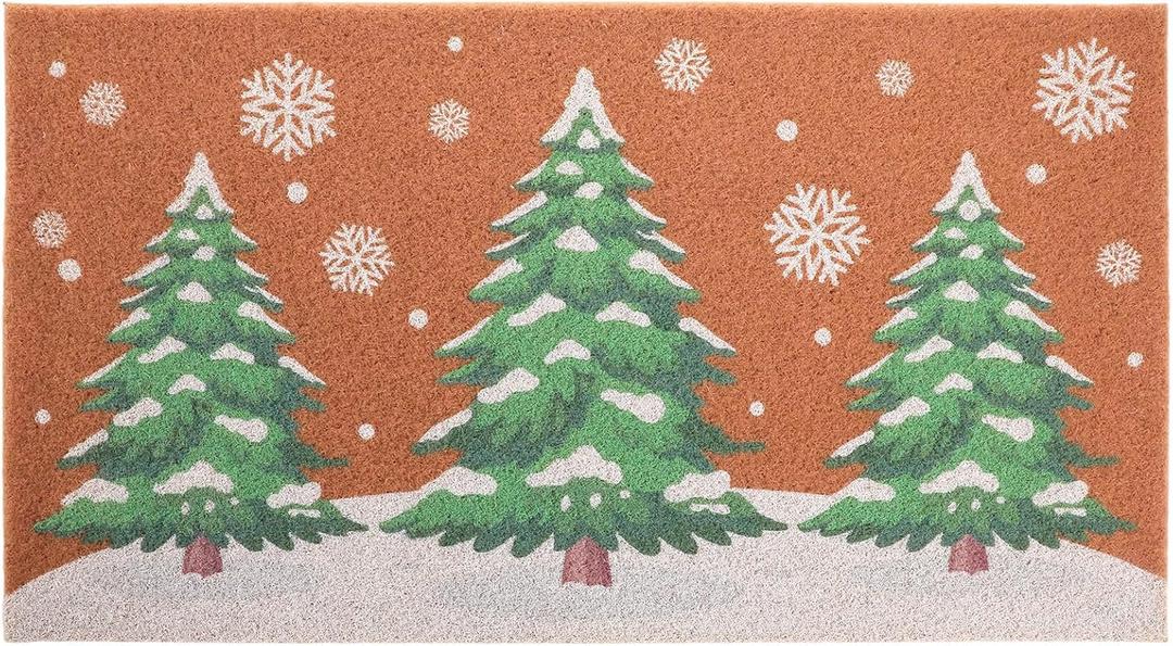 Tinideya Christmas Welcome Front Doormat, Xmas Non Slip Outdoor Mat Rug with Christmas Snowflake Decoration Pattern for Farmhouse Home Entrance Decor Yard Floor Patio, 17 x 30 Inches(Xmas Tree)