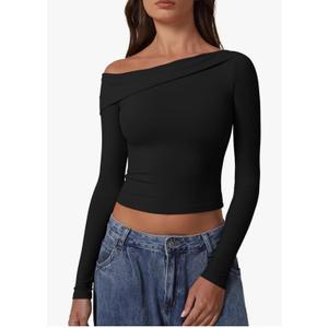 QINSEN Women Long Sleeve Off Shoulder Tops Trendy Double Lined Going Out Shirt for Fall, XS Size