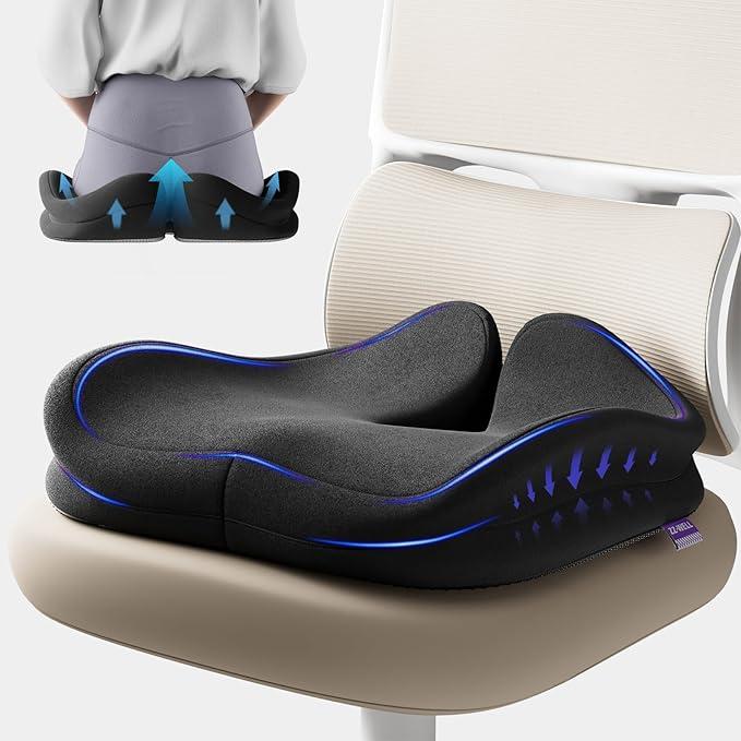 Seat Cushions for Office Chairs - Patented Coccyx Cushion for Tailbone Pain - 21.2" W x 16.5" L Memory Foam Extra Large Seat Cushion, Removable & Machine Washable Cover (Black)