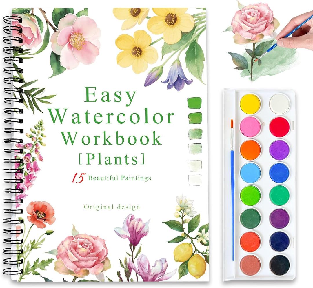 Watercolor Workbooks, 16 Colors Water Color Books Paint Set for Adults, Watercolor Coloring Book for Beginners, Water Color Workbook, 15 Beautiful Paintings for Beginners (Plants) (with palette)