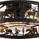 Farmhouse Rustic Caged Ceiling Fan with Light Flush Mount, Black Chandelier Low Profile Ceiling Fans with Lights and Remote, Bear and Deer Design Fandelier for Bedroom, Living Room, Kids Room, Cabin
