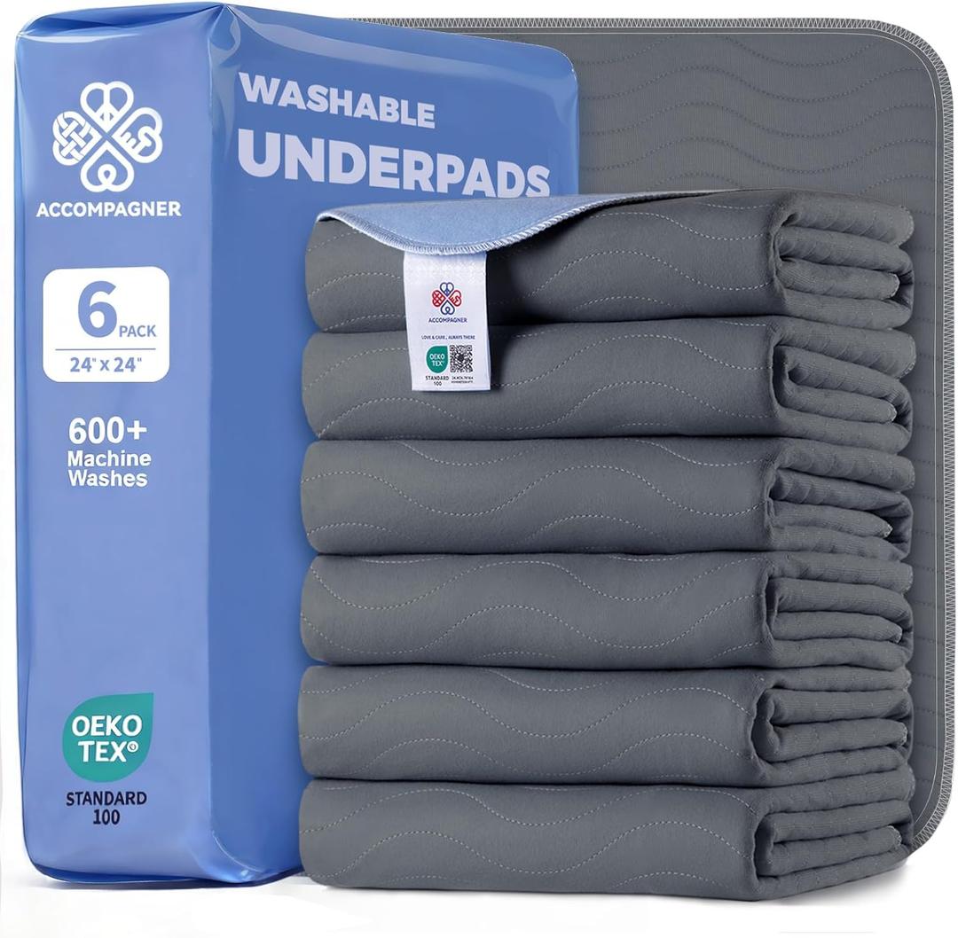 Accompagner Waterproof Reusable for Adults and Pets Washable Pee Pads for Dogs Changing Pad Large Dog Bed Size Adults Incontinence Bed Pads - Non-Slip Leak-Proof,Dark Gray, 24"x24", Pack of 6