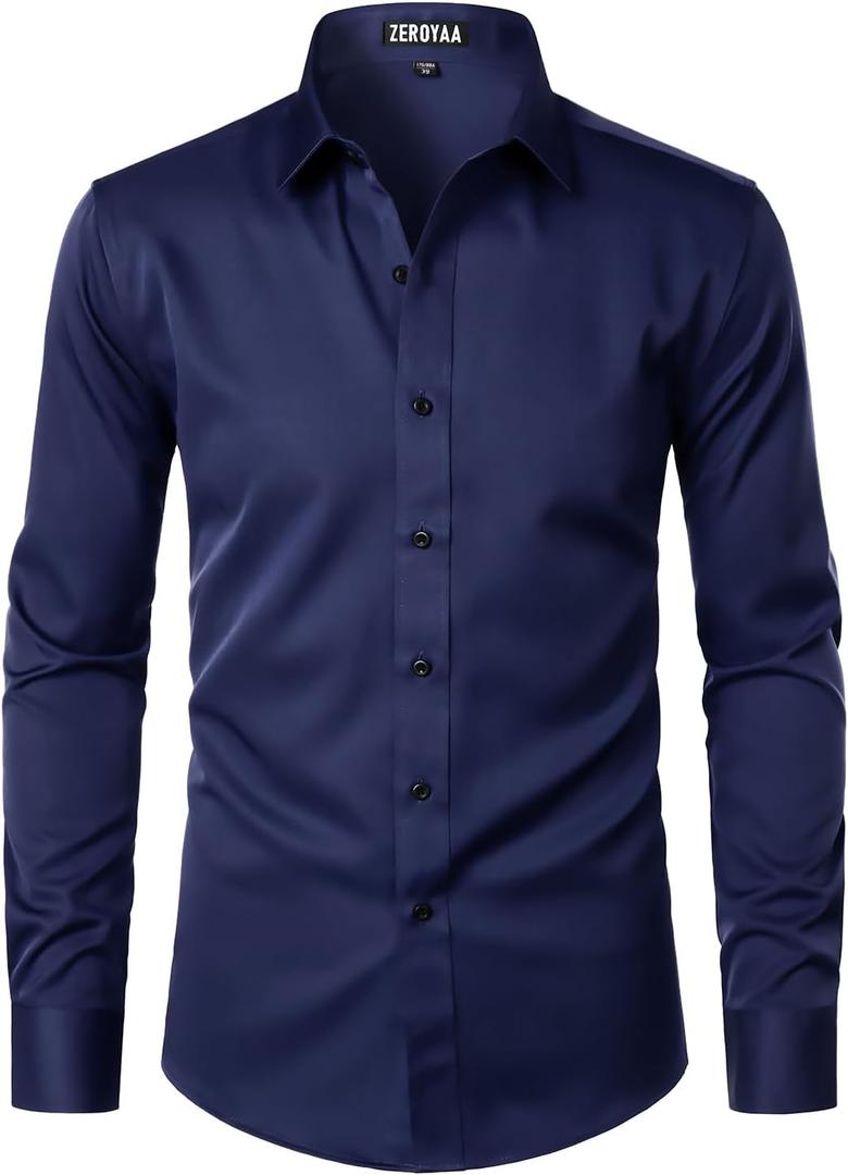 ZEROYAA Men's Long Sleeve Dress Shirt Modern Slim Fit Wrinkle-Free Casual Business Button Up Shirts (X-Large, Navy Blue)