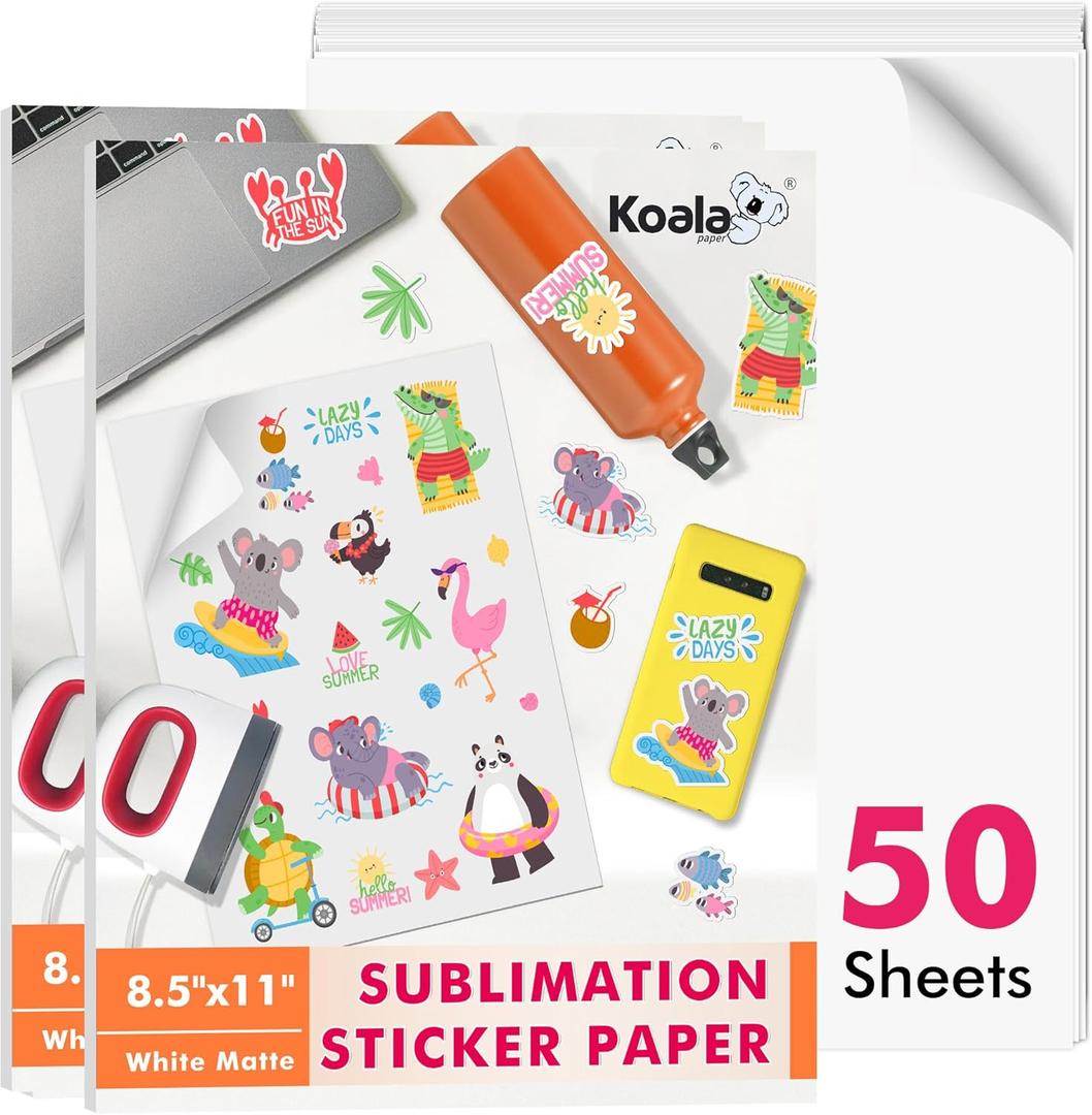 Koala Sublimation Sticker Paper Matte White Waterproof Vinyl 8.5x11 inch 25 Sheets, 2 Packs Total 50 Sheets Quick Dry Vivid Colors Holds Ink well