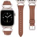 Minyee Leather Bands Compatible with Apple Watch Band 38/40/41/42/44/45/46/49mm Women, Slim Thin Dressy Designer Strap with C-Shape Metal Buckle for iWatch Series 11 10 9 8 7 6 5 4 SE/Ultra 3 2 1 (Brown/Starlight)