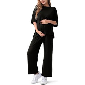 Maternity Lounge Set 2 Piece Outfits Matching Short Sleeve Top Adjustable Long Pants Pregnancy Summer Loungwear (Large, Black)