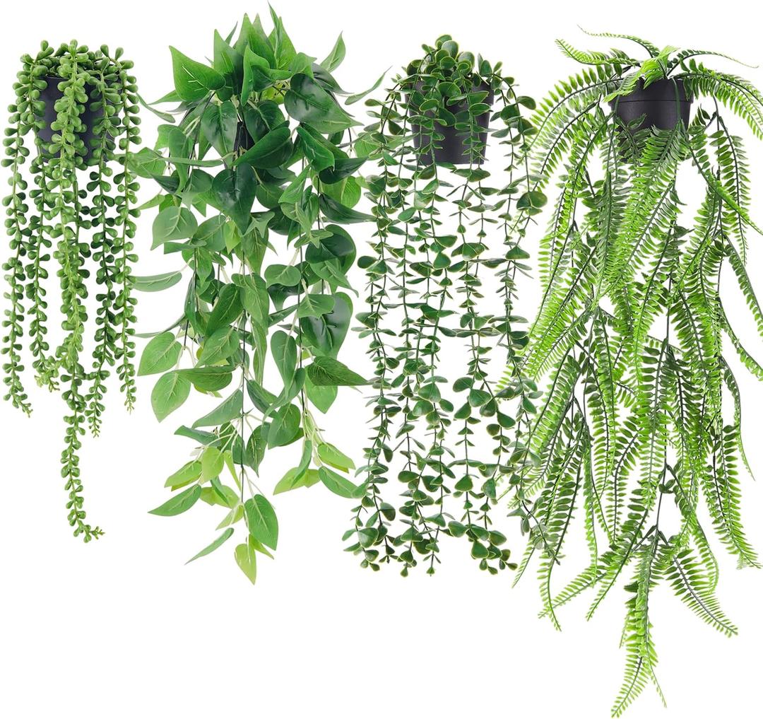 Der Rose 4Pcs Fake Plants Hanging Artificial Ivy Vine Faux Eucalyptus Hanging Plants, Boston Fern, String of Pearls for Home Boho Wall Shelf Indoor Outdoor Decor (4 Packs Black Pots)