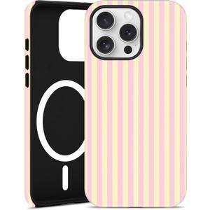 Magnetic Striped Phone Case for iPhone 15 Pro Max, Pink Yellow | Compatible with MagSafe, Cute Stripes Aesthetic Pattern Design, TPU and PC Protective Phone Cover for Women Men Girls Boys