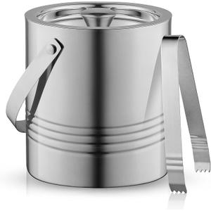 JoyJolt Metal Double Wall Ice Bucket with Lid, Ice Tongs and Strainer. 3L Insulated Ice Bucket for Cocktail Bar, Home Bar Accessories, Parties, Champagne Bucket. Stainless Steel Ice Buckets