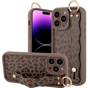 OOK Compatible with iPhone 14 Pro Max Case with Wrist Stand for Women Girls, Brown Leopard Cheetah TPU Shockproof Protection Silm Silicone Kickstand Upgraded Cover, for 6.7inch