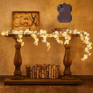 Fudios Lighted White Cherry Blossom Garland Decor with Timer 96 LED Fairy Lights 6FT for Mantle,Artificial Flower Vine with Lights Battery Operated Valentines Wedding Party Indoor Outdoor