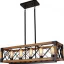 Giluta Rectangle Wood Chandelier Farmhouse Style Dining Room Kitchen Lighting Fixtures, 5 Lights Ceiling Hanging Pendant Lighting UL Listed, 31.6" * 10"*7.8"