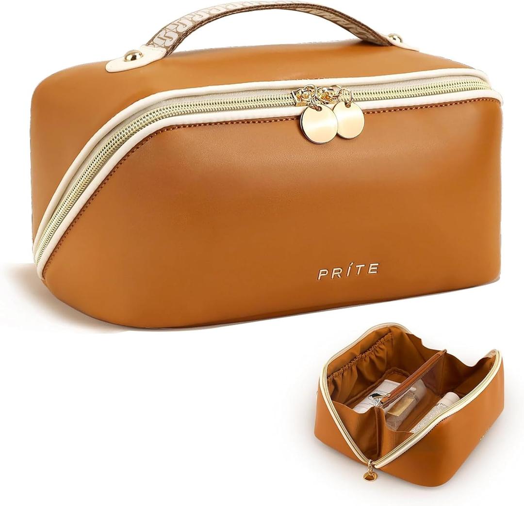 Prite Makeup Bag for Women Travel Waterproof Vegan Leather Cosmetic Bag Open Flat Toiletry Bag With Clear Divider and Handle (Brown) (Medium)