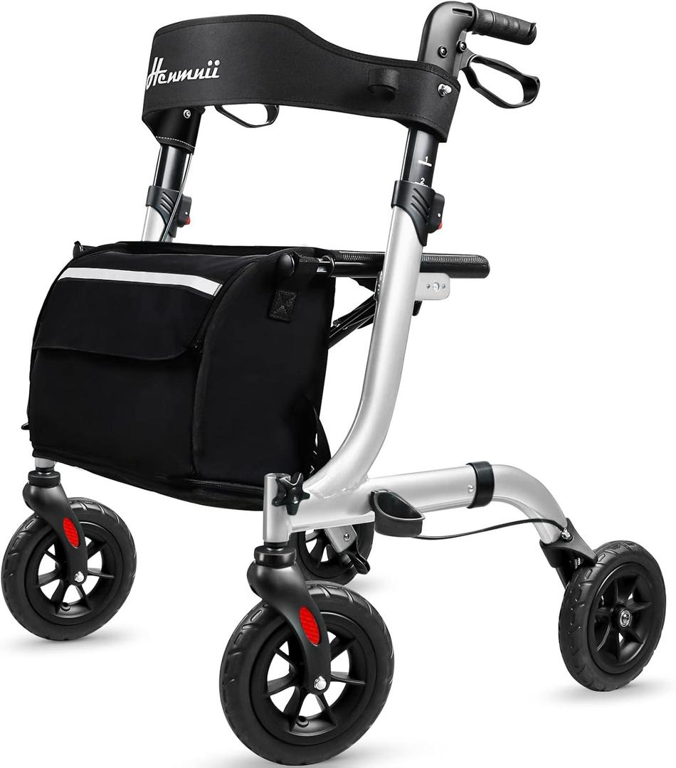 Rollator Walker for Seniors, Lightweight Foldable All Terrain Rolling Walker with seat, Aluminum Walkers with 8 inch Rubber Wheels, Handles and Backrest for Seniors and Adult (Silver)
