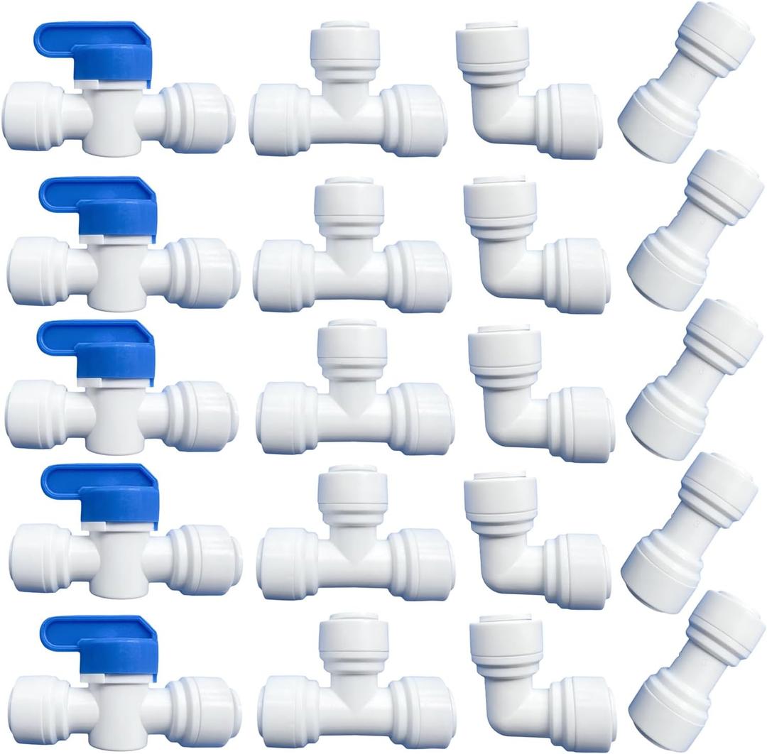 20 pcs Water Push to Connect Quick Connect Fittings 3/8" Tube OD for RO Water Reverse Osmosis System Water Tube Fitting (Ball Valve + Tee fitting + Union Connector+Elbow Connector)