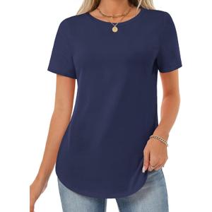 GKBK Womens Tops Cotton Short Sleeve Shirts Summer Crew Neck Basic Tees Casual Tunic Tops Curved Hem (Blue, M)