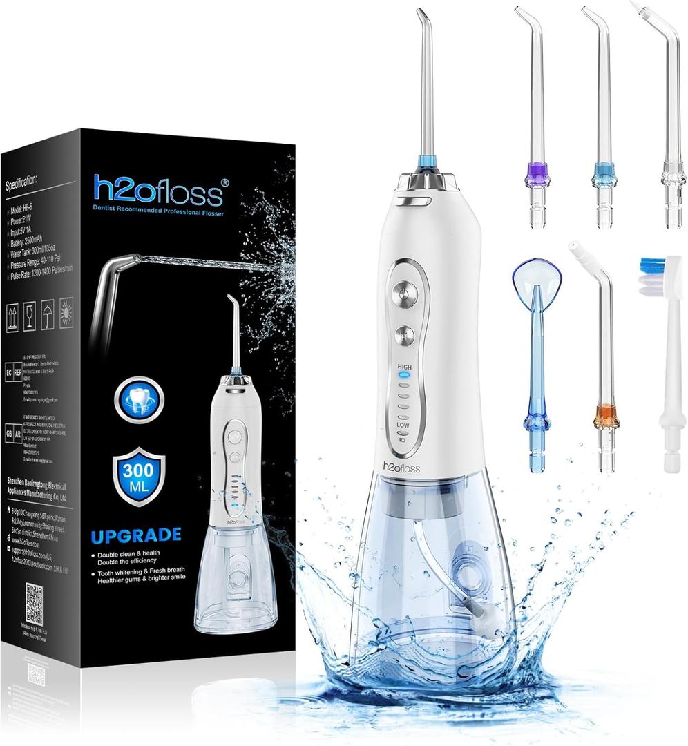 H2ofloss Water Dental Flosser Portable Dental Oral Irrigator with 5 Modes, 6 Replaceable Jet Tips, Rechargeable IPX7 Waterproof Teeth Cleaner for Home and Travel -300ml Detachable Reservoir (HF-6) (White)