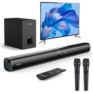 Karaoke Soundbar with Subwoofer for TV: Sound Bar with 2 Wireless Microphones - Home Theater Surround Sound System - Bluetooth Speaker with Remote Supports HDMI ARC/Optical/AUX/USB for TV/PC