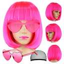 LIULIUBTY Short Bob Hair Wigs Straight with Flat Bangs Synthetic Colorful Cosplay Daily Party Neon Wig for Women + Free Wig Cap 14" Natural As Real