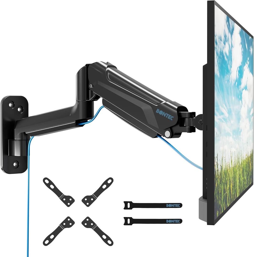 BONTEC Monitor Wall Mount Arm, VESA Gas Spring Height Adjustable, for 13-42 Inch Screens, Max 19.8lbs, Swivel, Tilt, Space-Saving Desk Mount, Easy Installation, Single Arm TV Mount, Max VESA 200x200