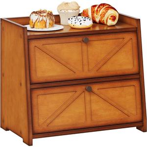 Vintage Double Layer Bread Box for Kitchen Counter Bamboo Bread Storage Container Large Capacity Bread Storage Bin (Antique Brown)