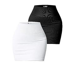 PEIQI Women's 2 Piece Skirt Set Basic Stretchy Ribbed Casual High Waist Bodycon Mini Skirts (Medium, Black + White)