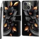 Haninsuze Wallet for iPhone 14 Case & iPhone 13 Case, [Kickstand] 3 Card Holder Stand [Shockproof TPU Interior Shell], PU Leather Magnetic Protective Flip Cover 6.1", Black Flower