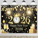 Black Gold Happy New Year 2026 Backdrop Banner 8x6ft Fireworks Clock Champagne Banner Golden Party Decoration Photography Background for Indoor Outdoor Celebration