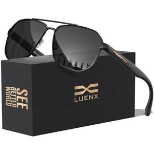 LUENX Aviator Sunglasses for Men Square Polarized Polygon Shades UV400 Sun Glasses with Accessories