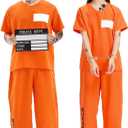 Prisoner Costume Men Women, Orange Jumpsuit with Handcuffs, Mug Shot Sign & Number Stickers, Inmate Costume for Halloween (Large)