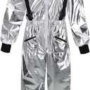 GRAJTCIN Men's Astronaut Costume Adult Silver Spaceman Suit Pilot Jumpsuit Halloween Cosplay Outfit (L)