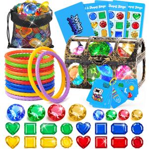 DISHIO Pool Diving Toys for Kids, Underwater Treasure Hunt Game with Pirate Chest, Diving Rings, 56PCS Gems, 40PCS Game Bingo Cards and Mesh Bag Swimming Pool Games Summer Toys for Boys Girls 4-12
