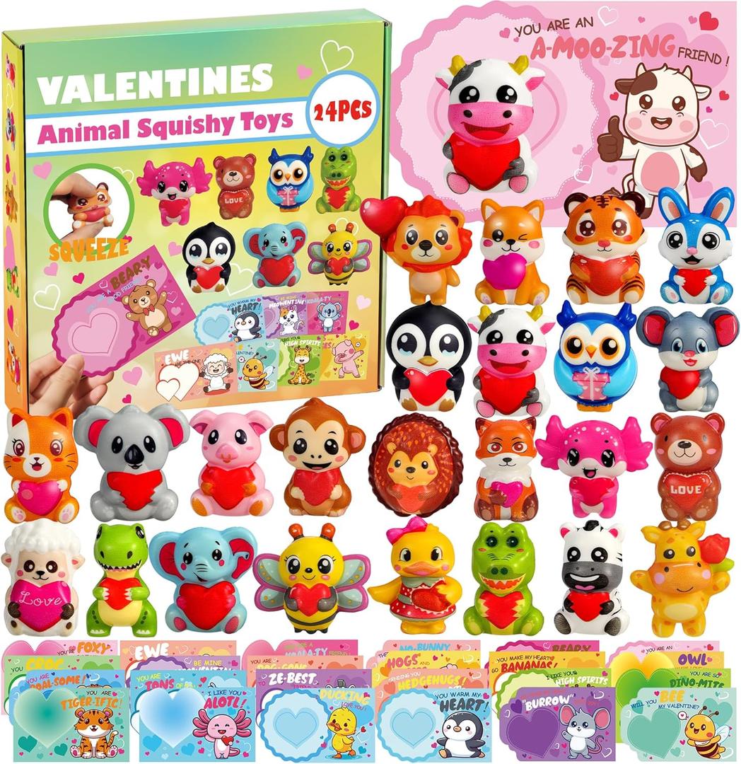 24Pcs Animal Heart Squishy Toys, Valentines Day Gifts with Cards, Kids Party Favors, Galentines School Gift Exchange, Classroom Prizes, Candy Bag Stuffers