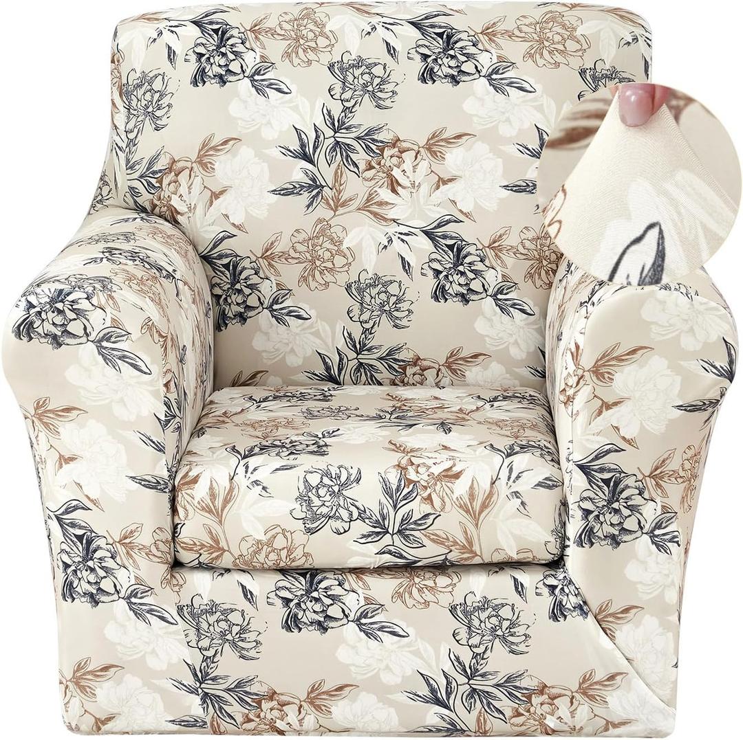 JQinHome 2 Piece Stretch Sofa Cover Printed Couch Covers, Floral Pattern Armchair Slipcover with Separate Chair Cushion Cover, Washable Furniture Protector for Living Room(Armchair,Flowers Shadow)