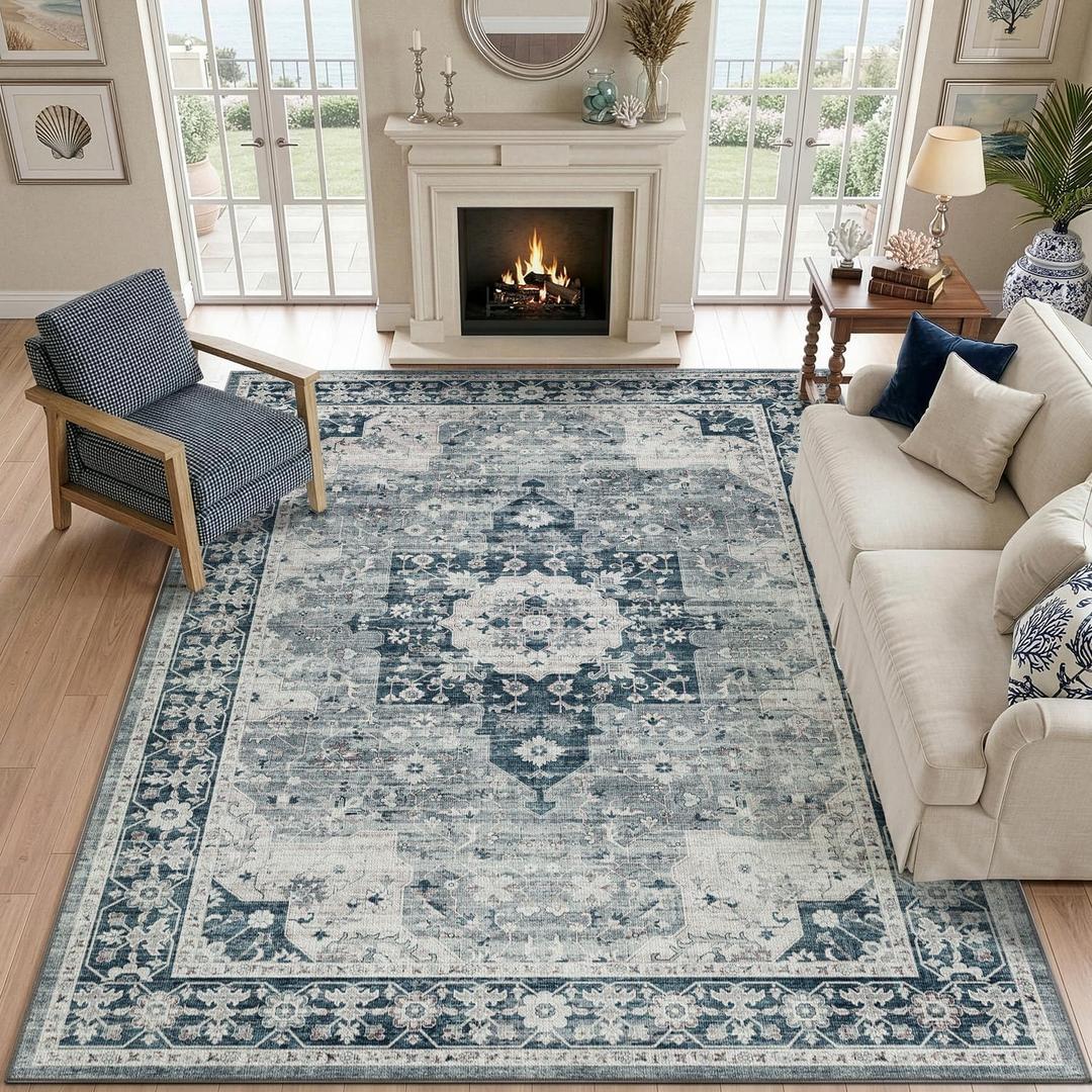 DEXI 9x12 Area Rugs for Living Room, Washable Rug for Bedroom, Blue Grey