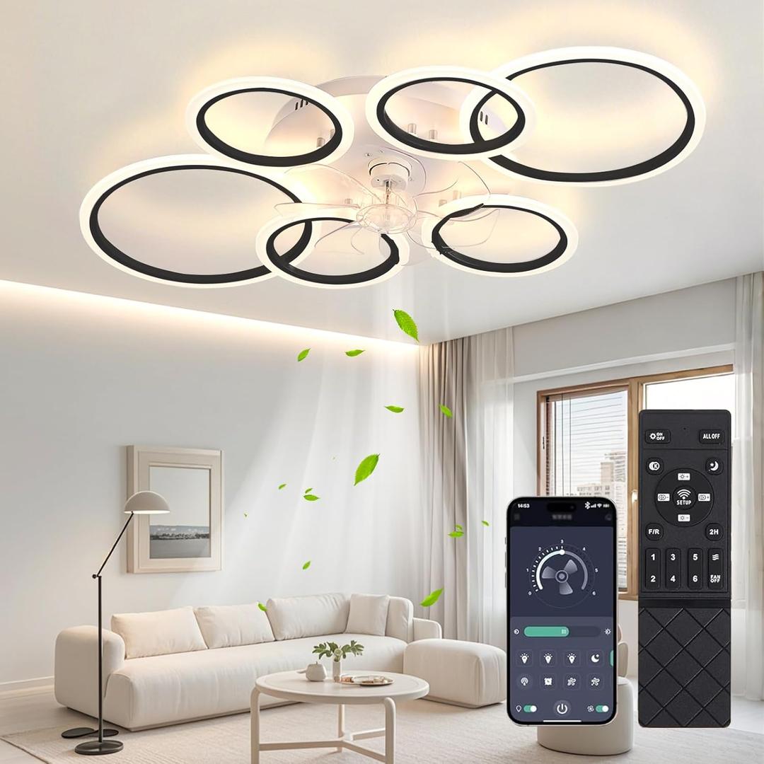 Ceiling Fans with Lights and Remote,43.3in Low Profile Ceiling Fan With Light Dimmable LED 81W Ceiling Fan ,Mute 6 Speeds & 3 Color Temperature Flush Mount Ceiling Fans For Bedroom Livingroom, Black (100cm)