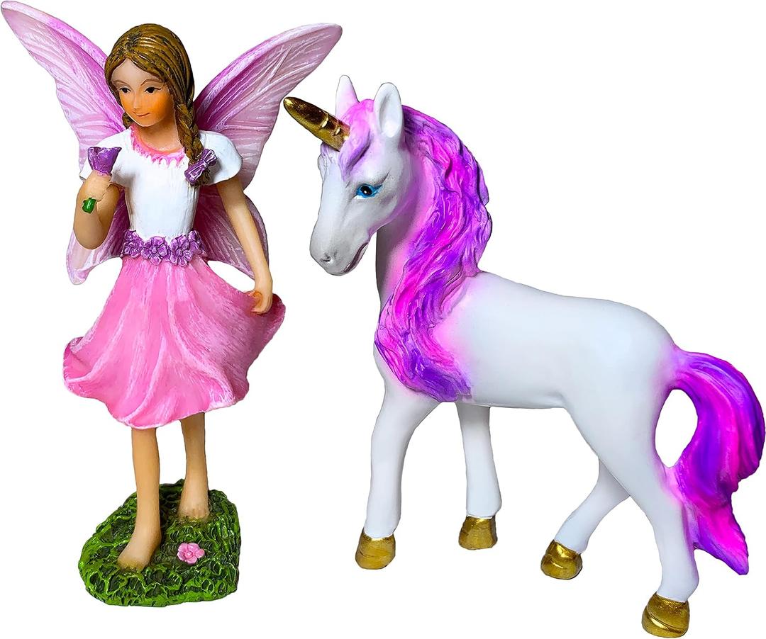 Mood Lab Fairy Garden Figurines - Fairy with Unicorn Set (2 pcs) - Miniature Decorative Statues & Accessories - Outdoor & Indoor Decor