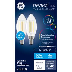 GE Reveal LED Light Bulbs, Candle Lights, 60 Watts, Clear Decorative B11 Bulbs, Small Base (2 Pack)