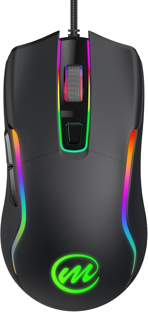 memzuoix Wired Gaming Mouse with RGB - 6 Adjustable DPI up to 12800, 6 Buttons, 12 Lighting Modes, Ergonomic Design with Anti-Slip Rubber Wheel, 5.6ft Braided Cable for PC/Mac/Windows - Black